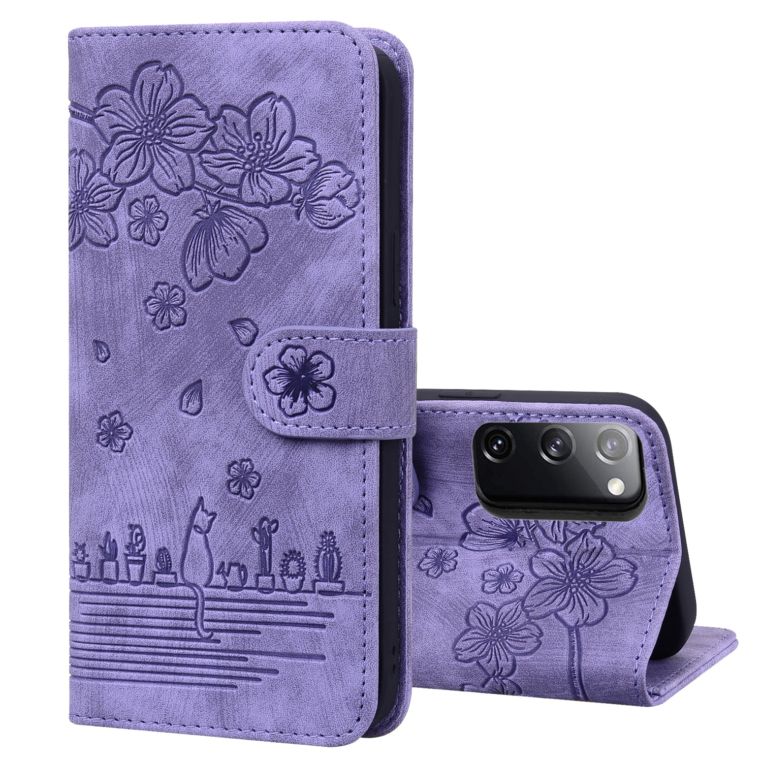 Cat Cherry Blossoms Galaxy S20 Grils Case Retro Leather Embossing Wallet Stand