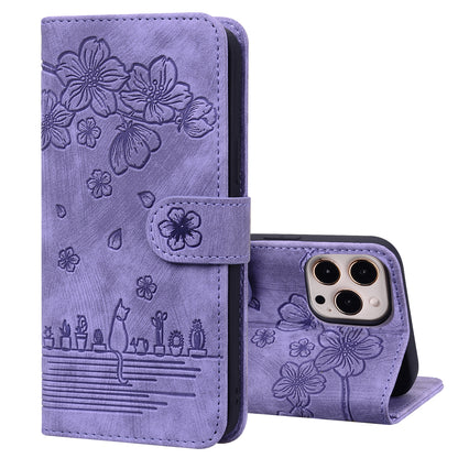 Cat Cherry Blossoms iPhone 12 Pro Grils Case Retro Leather Embossing Wallet Stand