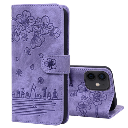 Cat Cherry Blossoms iPhone 12 Grils Case Retro Leather Embossing Wallet Stand