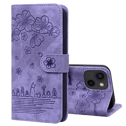 Cat Cherry Blossoms iPhone 13 Grils Case Retro Leather Embossing Wallet Stand