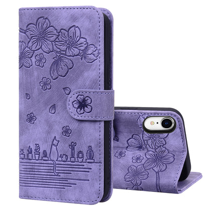 Cat Cherry Blossoms iPhone XR Grils Case Retro Leather Embossing Wallet Stand