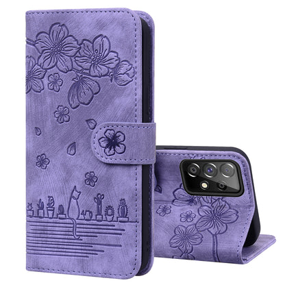 Cat Cherry Blossoms Galaxy A53 Grils Case Retro Leather Embossing Wallet Stand