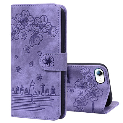 Cat Cherry Blossoms iPhone SE (2020) Grils Case Retro Leather Embossing Wallet Stand