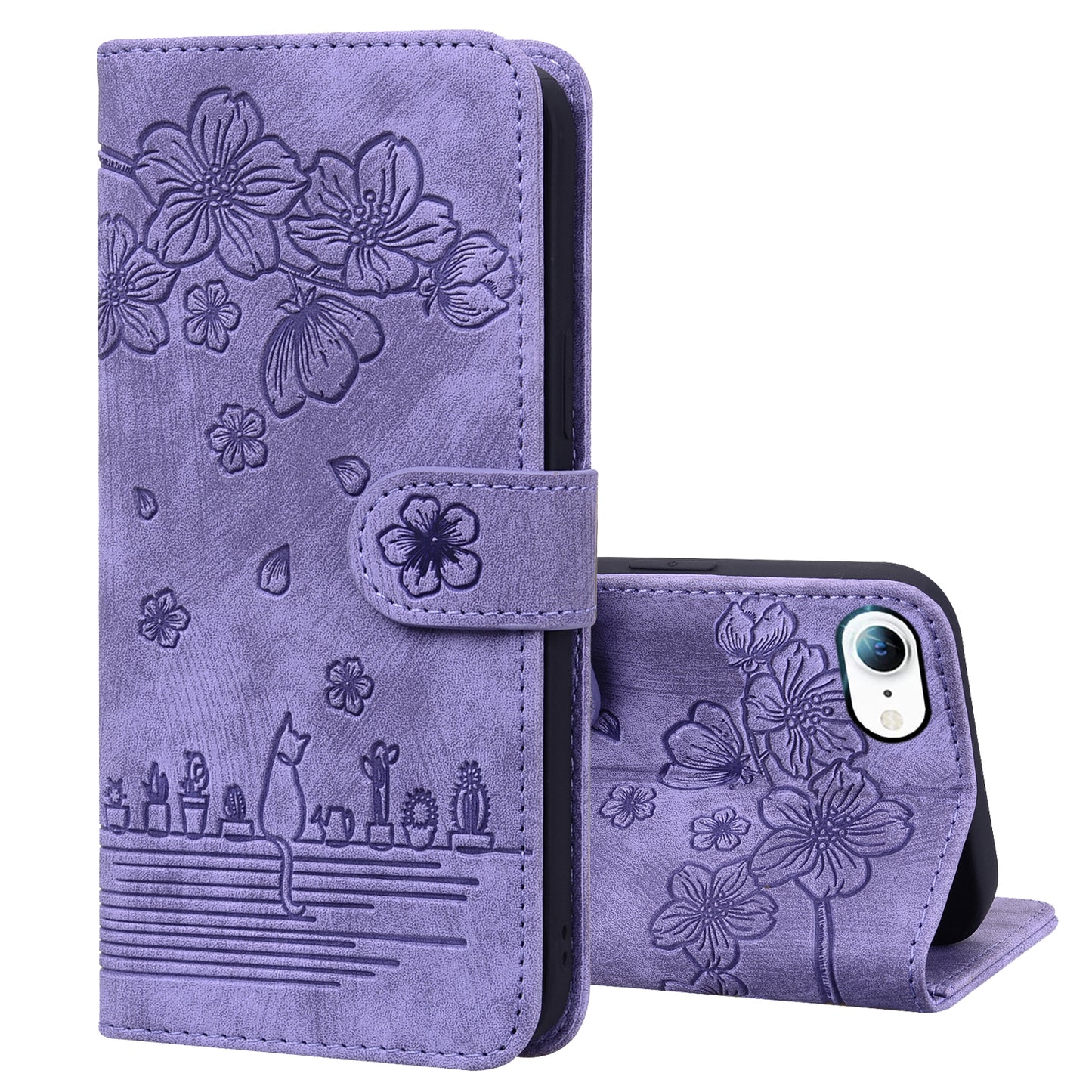 Cat Cherry Blossoms iPhone 8 Grils Case Retro Leather Embossing Wallet Stand