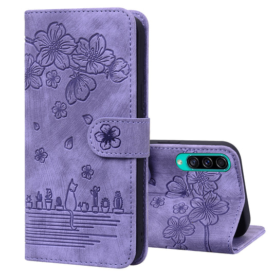 Cat Cherry Blossoms Galaxy A30s Grils Case Retro Leather Embossing Wallet Stand