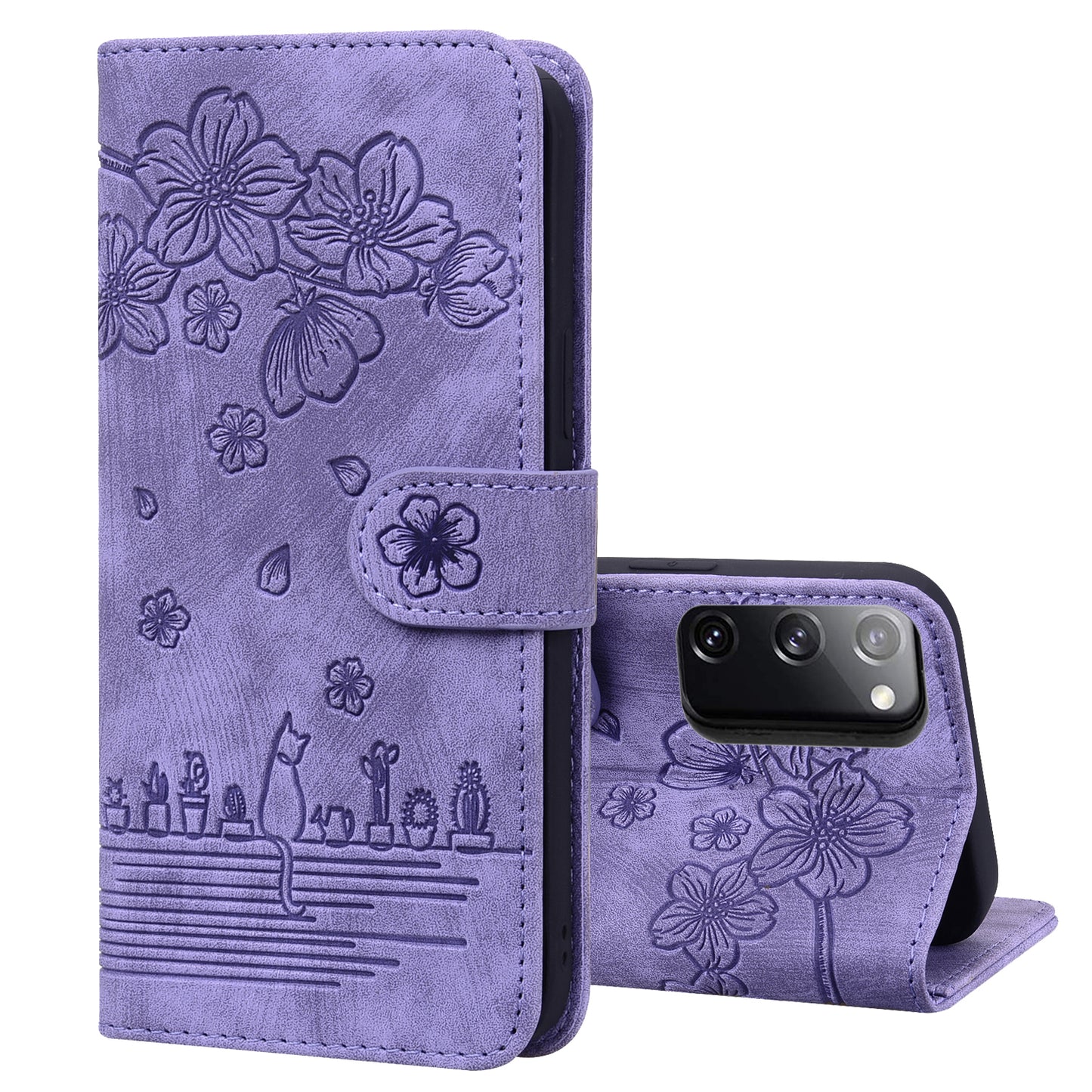 Cat Cherry Blossoms Galaxy S20 FE Grils Case Retro Leather Embossing Wallet Stand