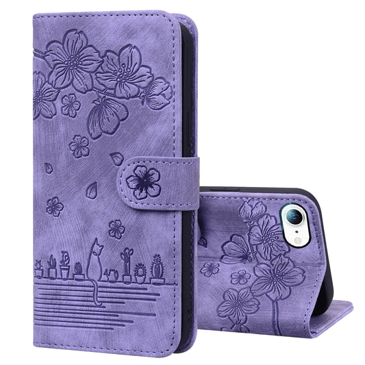 Cat Cherry Blossoms iPhone 7 Grils Case Retro Leather Embossing Wallet Stand