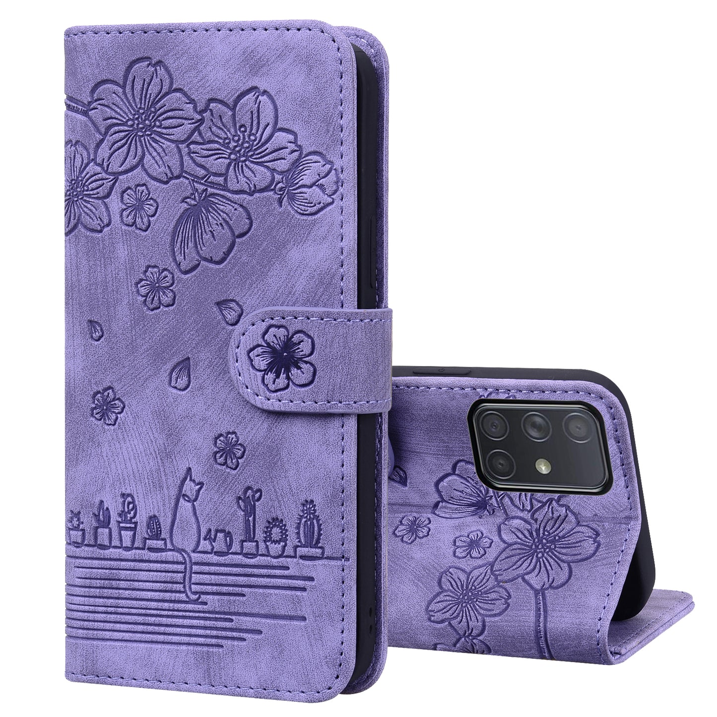 Cat Cherry Blossoms Galaxy A51 Grils Case Retro Leather Embossing Wallet Stand