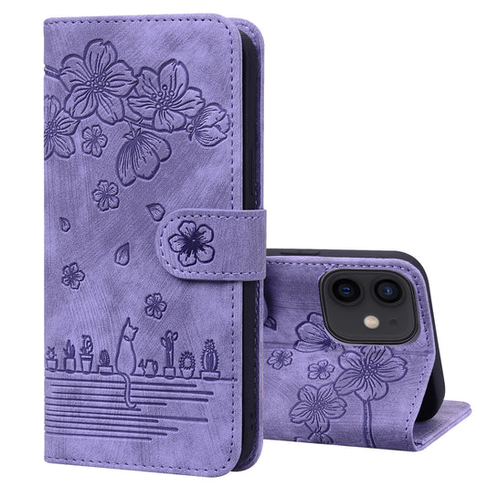 Cat Cherry Blossoms iPhone 11 Grils Case Retro Leather Embossing Wallet Stand