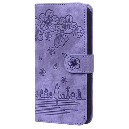 Cat Cherry Blossoms Galaxy A13 Grils Case Retro Leather Embossing Wallet Stand