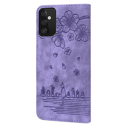 Cat Cherry Blossoms Galaxy A34 Grils Case Retro Leather Embossing Wallet Stand