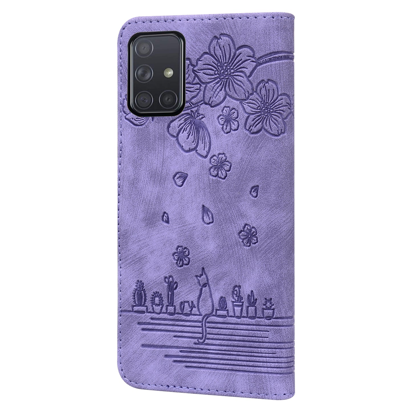 Cat Cherry Blossoms Galaxy A51 Grils Case Retro Leather Embossing Wallet Stand