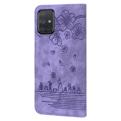 Cat Cherry Blossoms Galaxy A51 Grils Case Retro Leather Embossing Wallet Stand