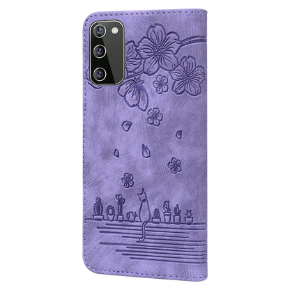 Cat Cherry Blossoms Galaxy S20 FE Grils Case Retro Leather Embossing Wallet Stand