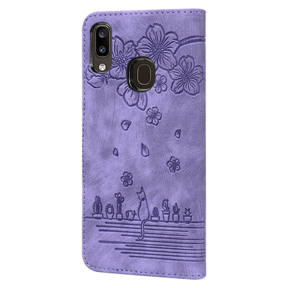 Cat Cherry Blossoms Galaxy A20 Grils Case Retro Leather Embossing Wallet Stand