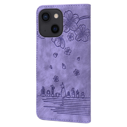 Cat Cherry Blossoms iPhone 13 Grils Case Retro Leather Embossing Wallet Stand