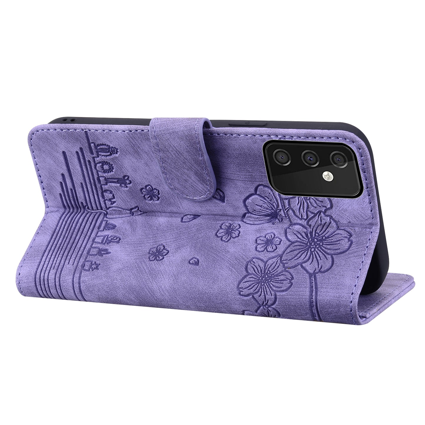 Cat Cherry Blossoms Galaxy A34 Grils Case Retro Leather Embossing Wallet Stand