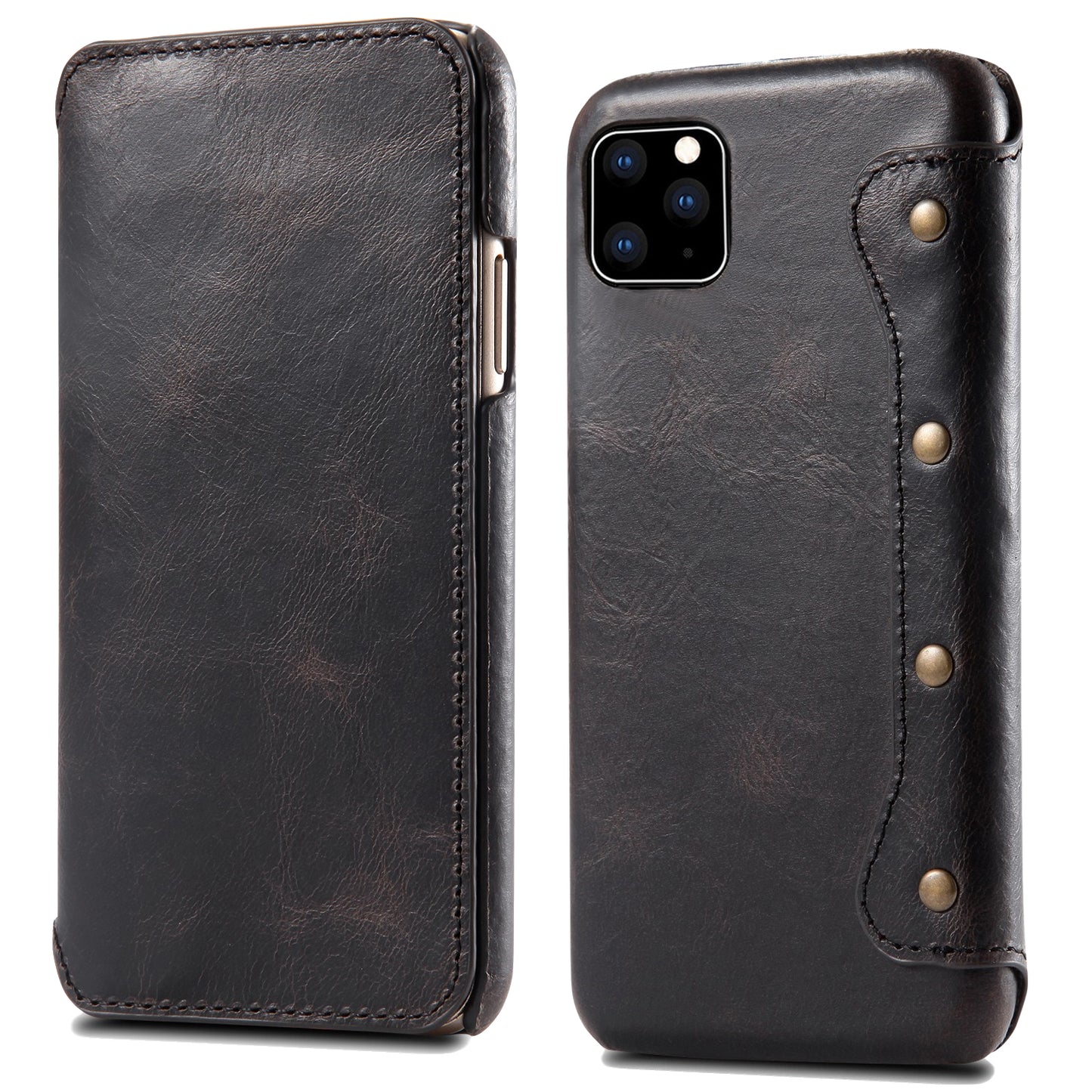 Waxed Cowhide Leather iPhone 11 Pro Max Willow Nail Case Wallet Stand Classical