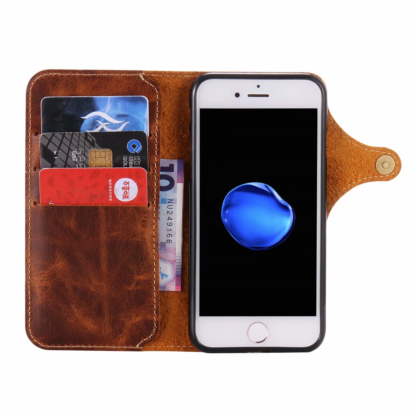 Waxed Cowhide Leather iPhone SE 2020 Fastener Case Wallet Stand with Hand Strap