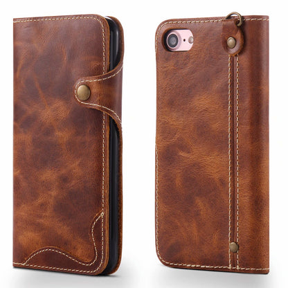 Waxed Cowhide Leather iPhone SE 2020 Fastener Case Wallet Stand with Hand Strap