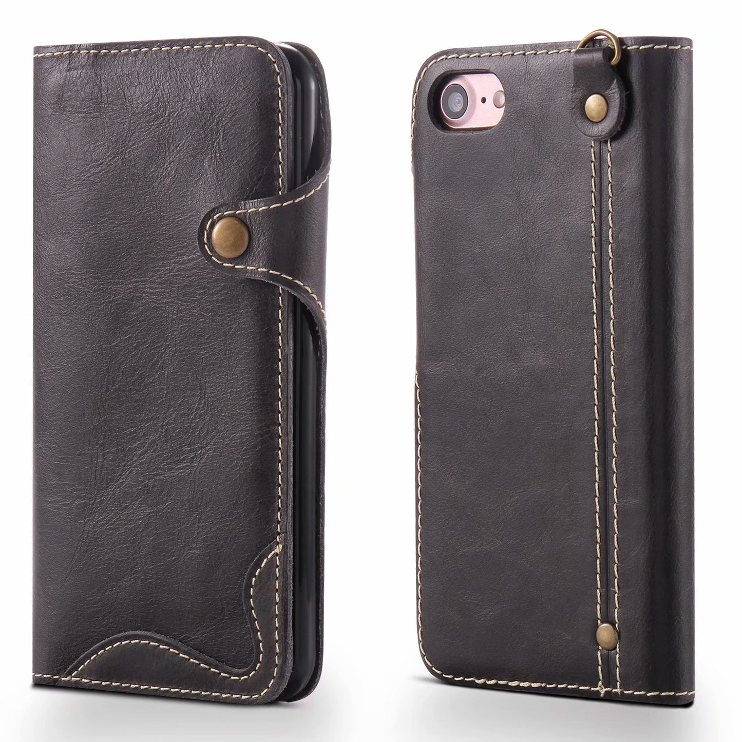 Waxed Cowhide Leather iPhone SE 2020 Fastener Case Wallet Stand with Hand Strap