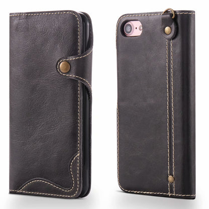 Waxed Cowhide Leather iPhone SE 2020 Fastener Case Wallet Stand with Hand Strap