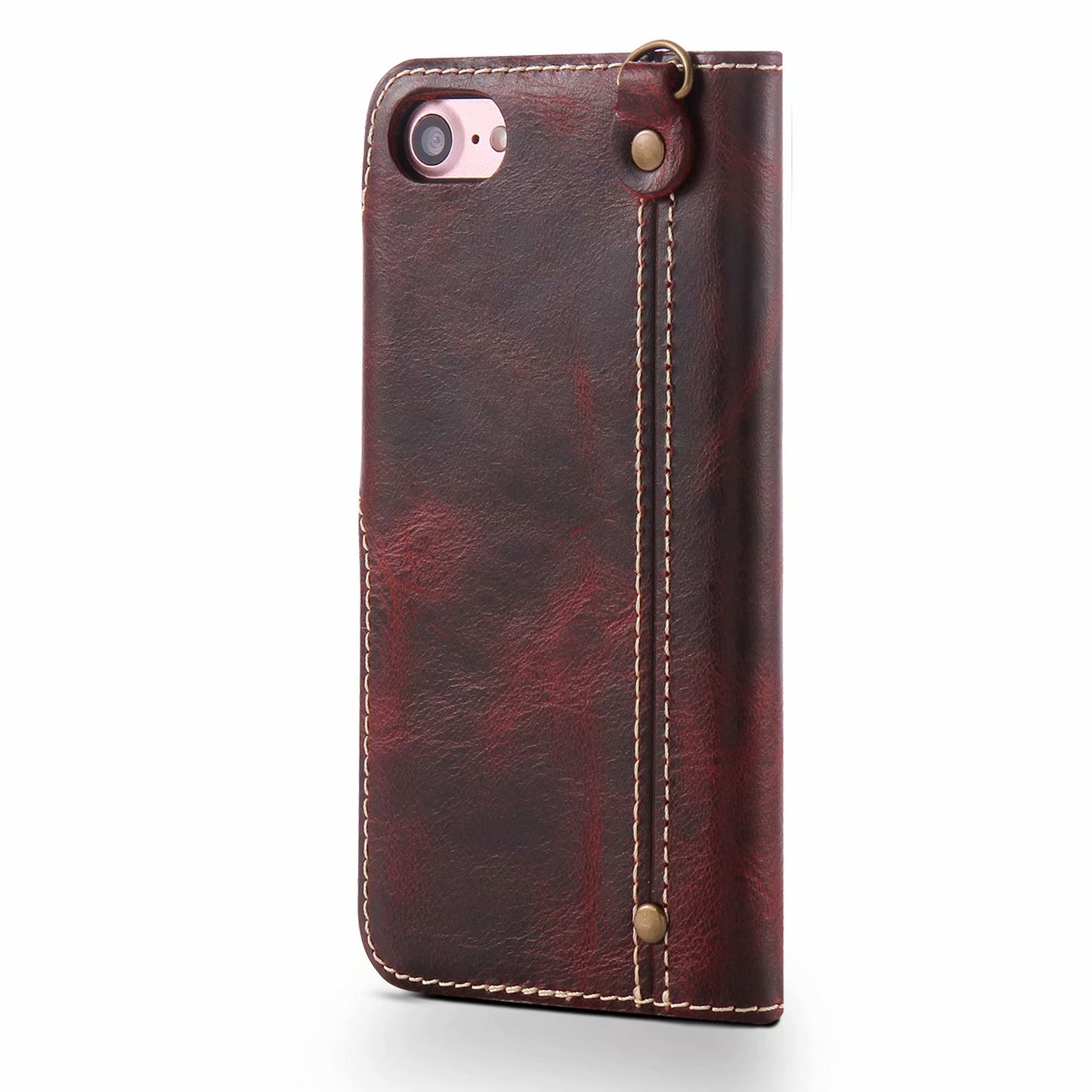 Waxed Cowhide Leather iPhone SE 2020 Fastener Case Wallet Stand with Hand Strap