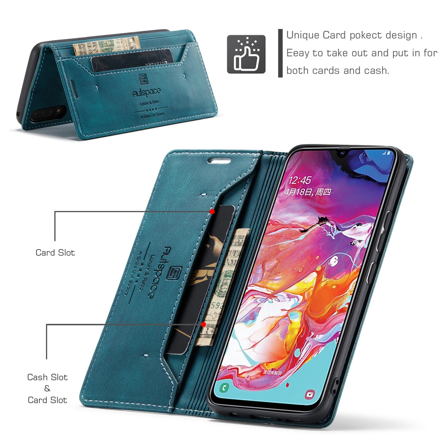 AUTSPACE Retro Galaxy A70 Leather Case Magnetic