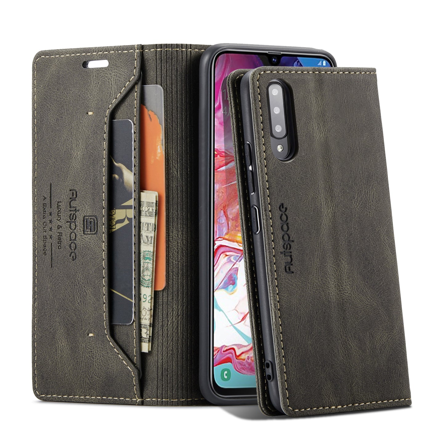 AUTSPACE Retro Galaxy A70 Leather Case Magnetic