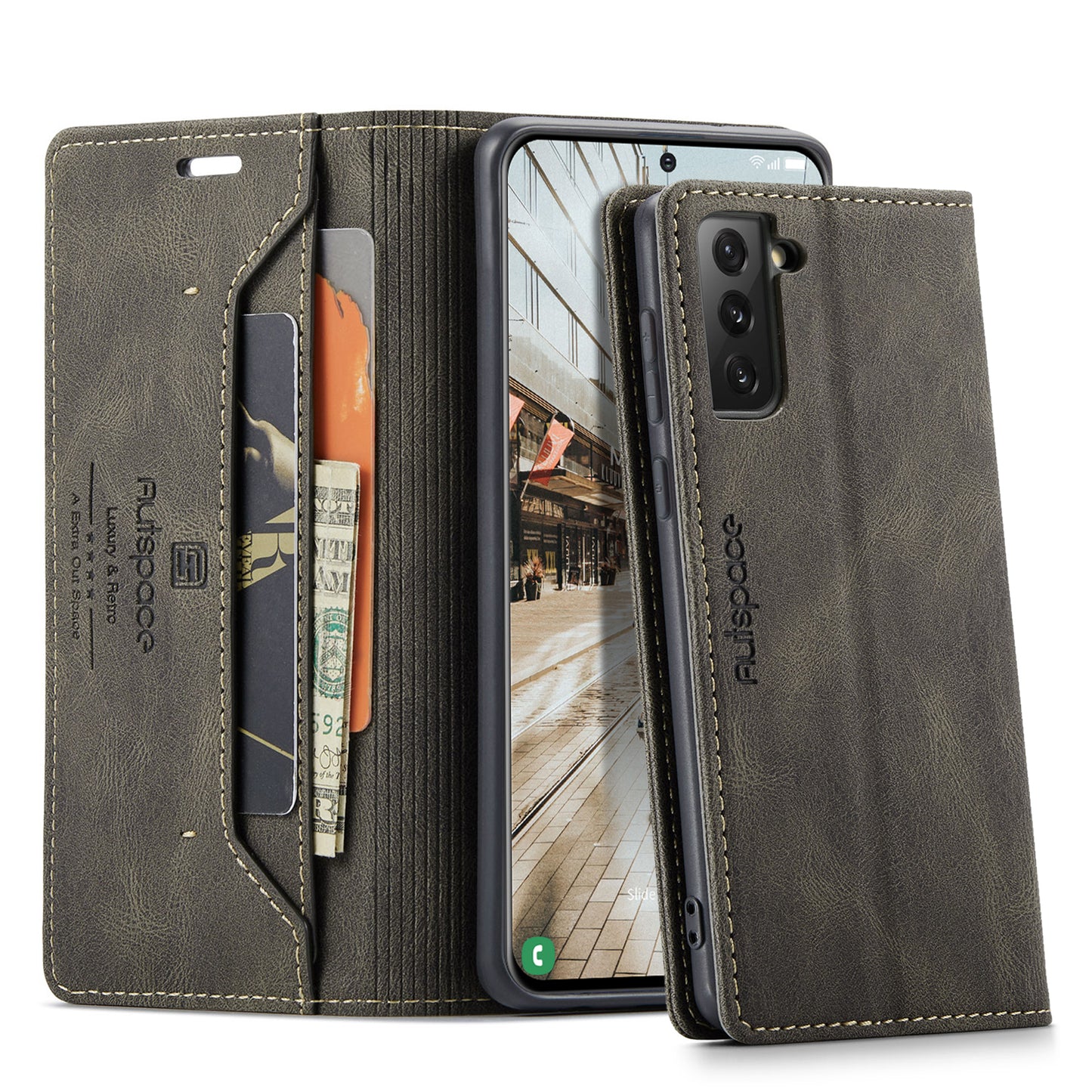 AUTSPACE Retro Galaxy S21 FE Leather Case Magnetic