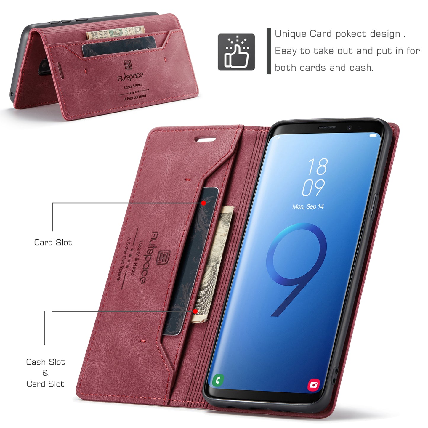 AUTSPACE Retro Galaxy S9+ Leather Case Magnetic