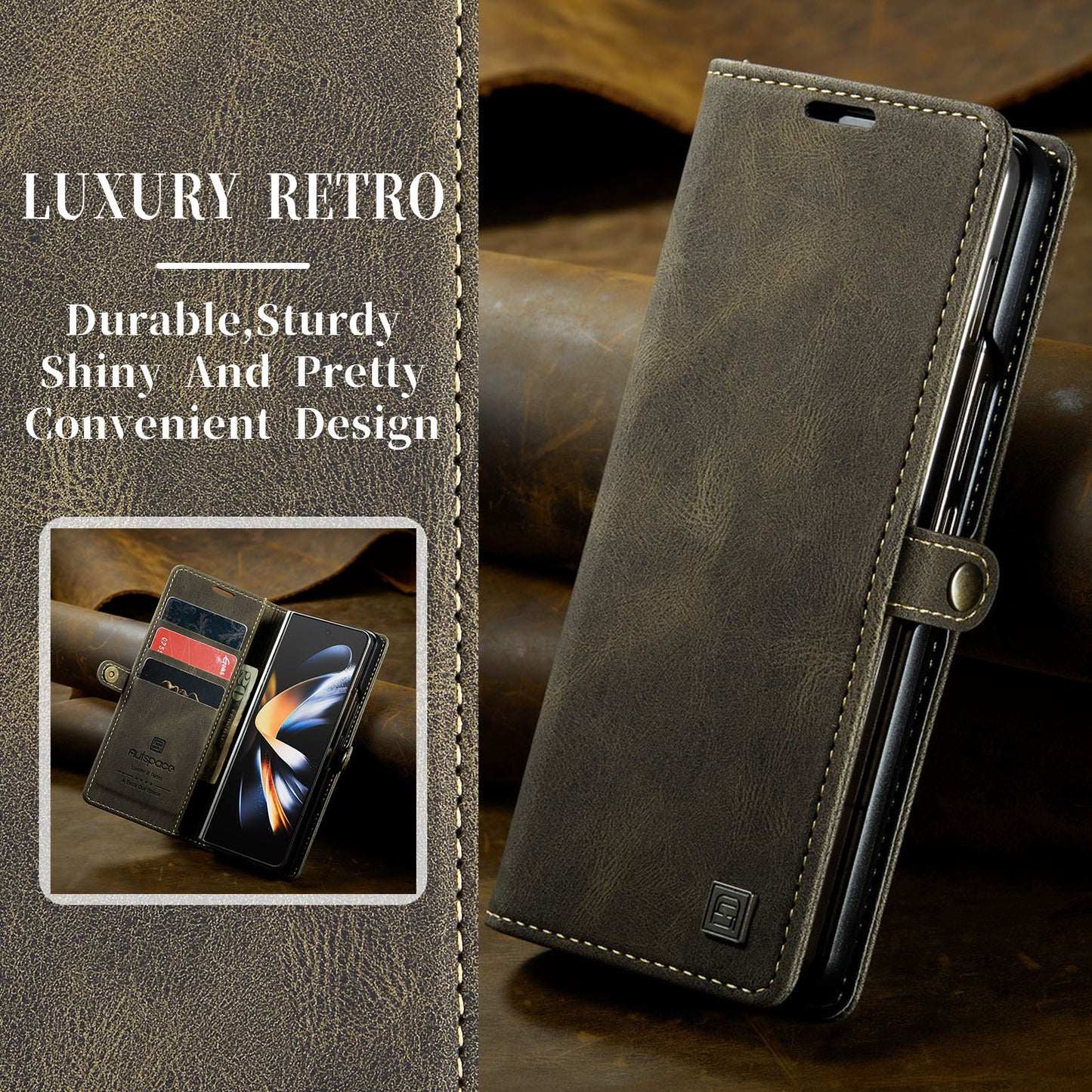 AUTSPACE Retro Galaxy Z Fold4 Leather Case Magnetic