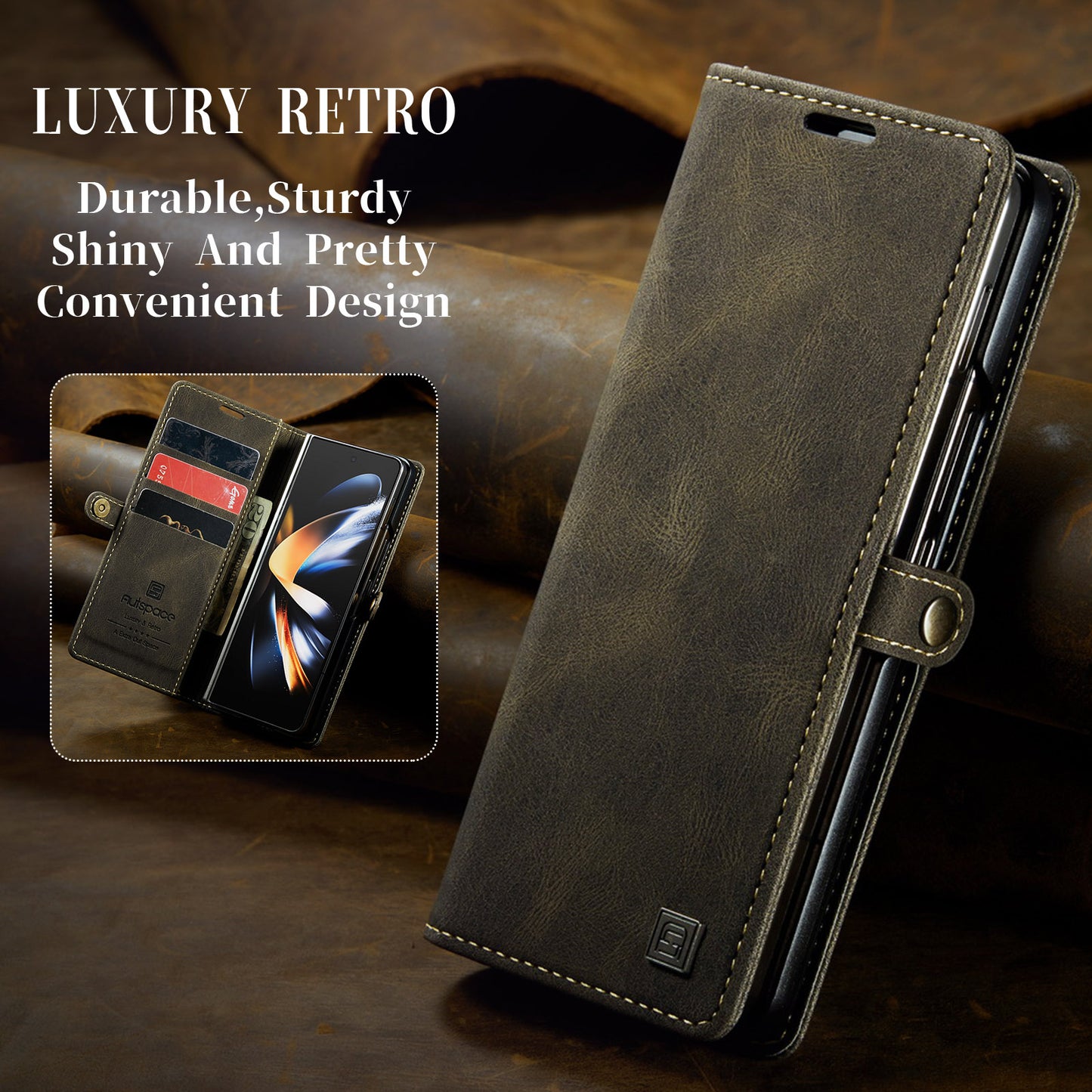 AUTSPACE Retro Galaxy Z Fold4 Leather Case Magnetic