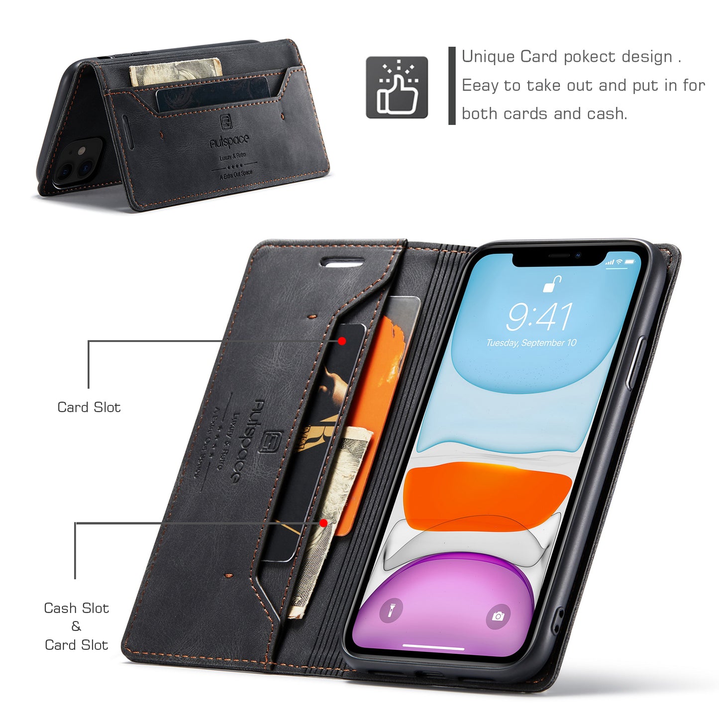 AUTSPACE Retro iPhone 11 Leather Case Magnetic