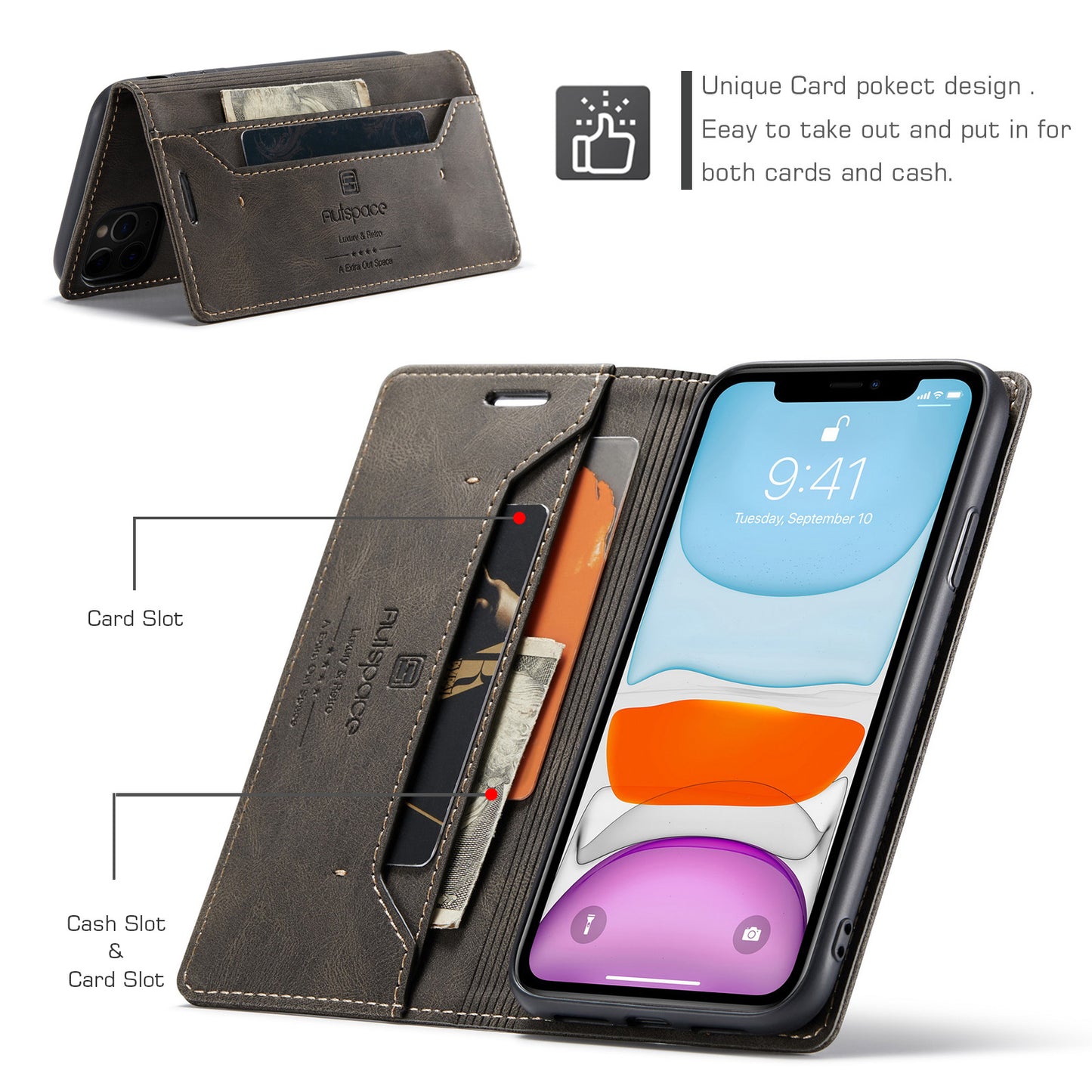 AUTSPACE Retro iPhone 11 Pro Max Leather Case Magnetic