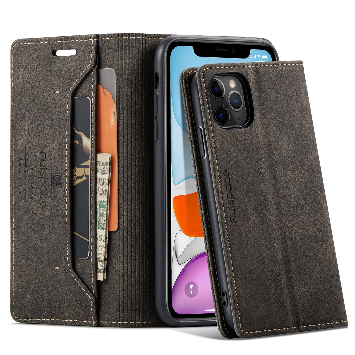 AUTSPACE Retro iPhone 11 Pro Max Leather Case Magnetic