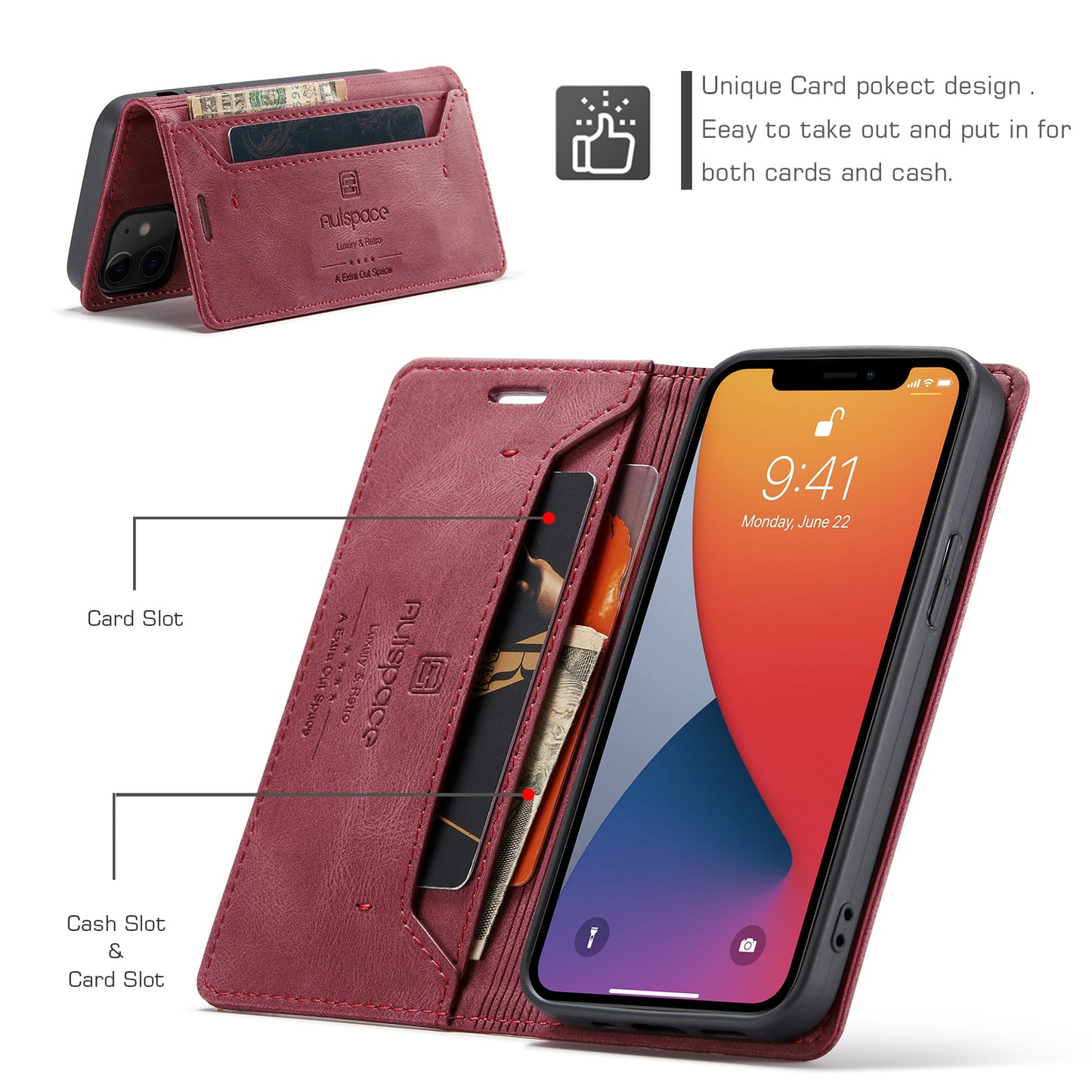 AUTSPACE Retro iPhone 12 Mini Leather Case Magnetic