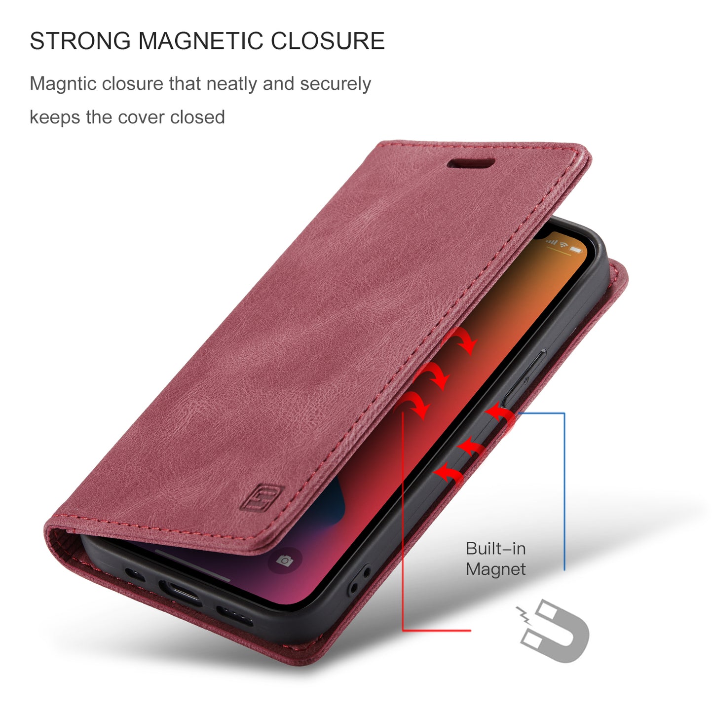 AUTSPACE Retro iPhone 12 Mini Leather Case Magnetic