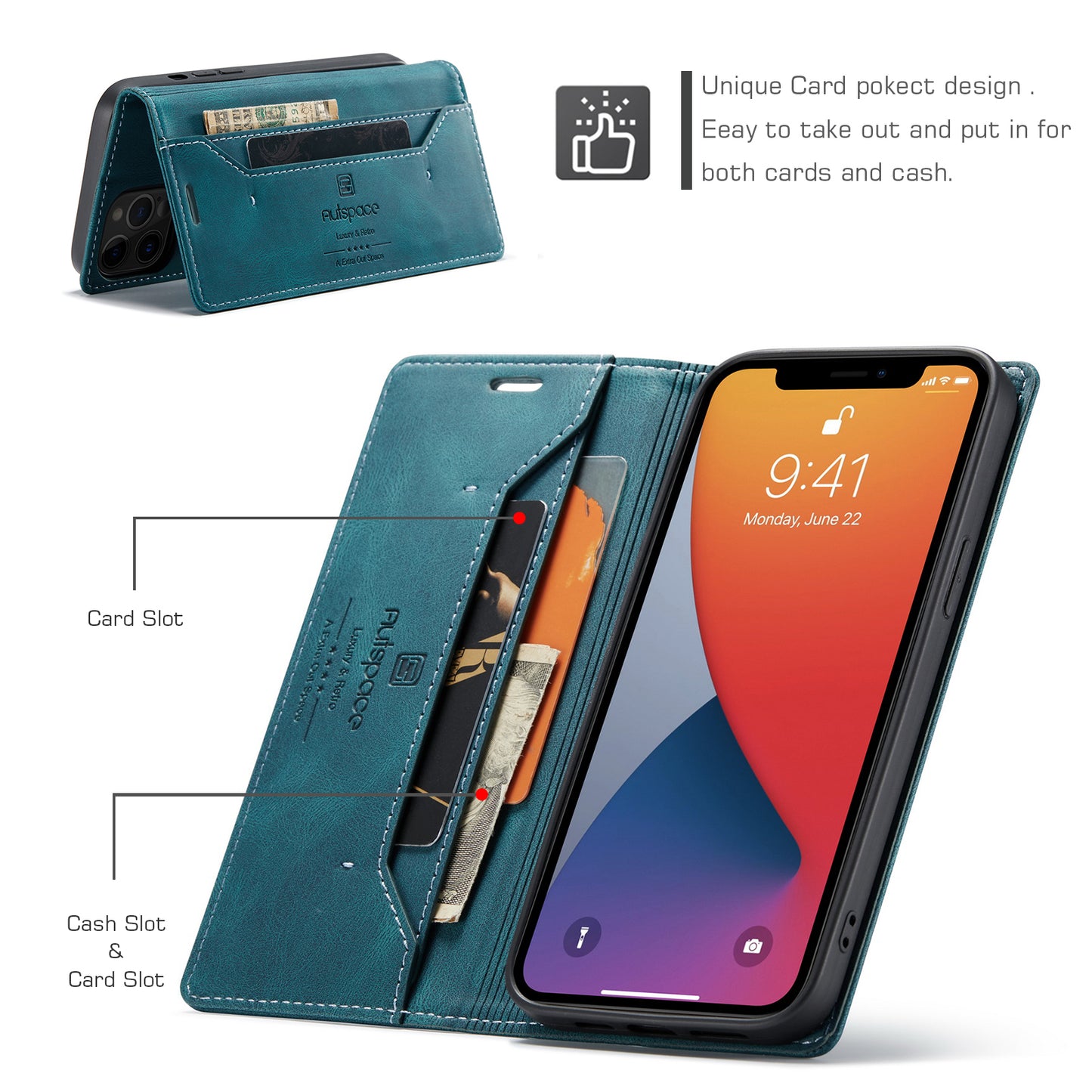 AUTSPACE Retro iPhone 12 Pro Leather Case Magnetic