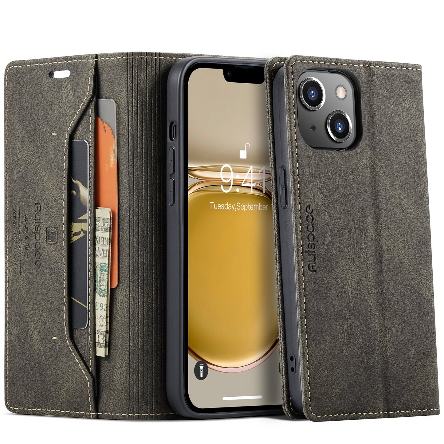 AUTSPACE Retro iPhone 14 Leather Case Magnetic