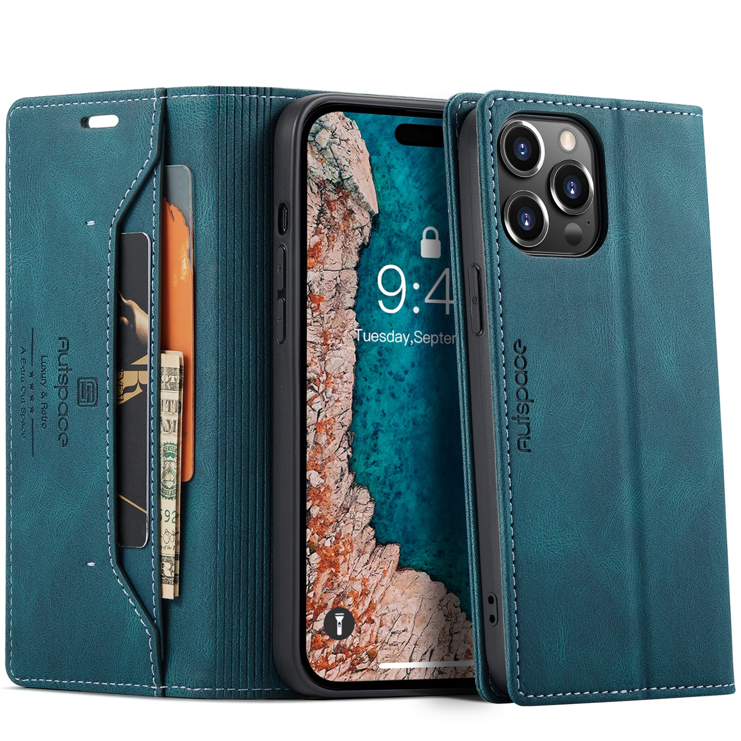 AUTSPACE Retro iPhone 15 Pro Leather Case Magnetic