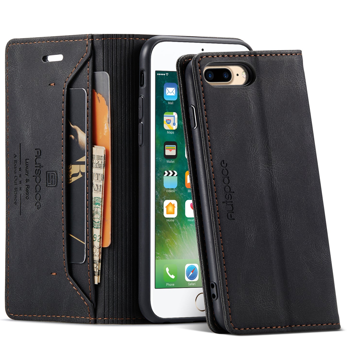 AUTSPACE Retro iPhone 8 Plus Leather Case Magnetic