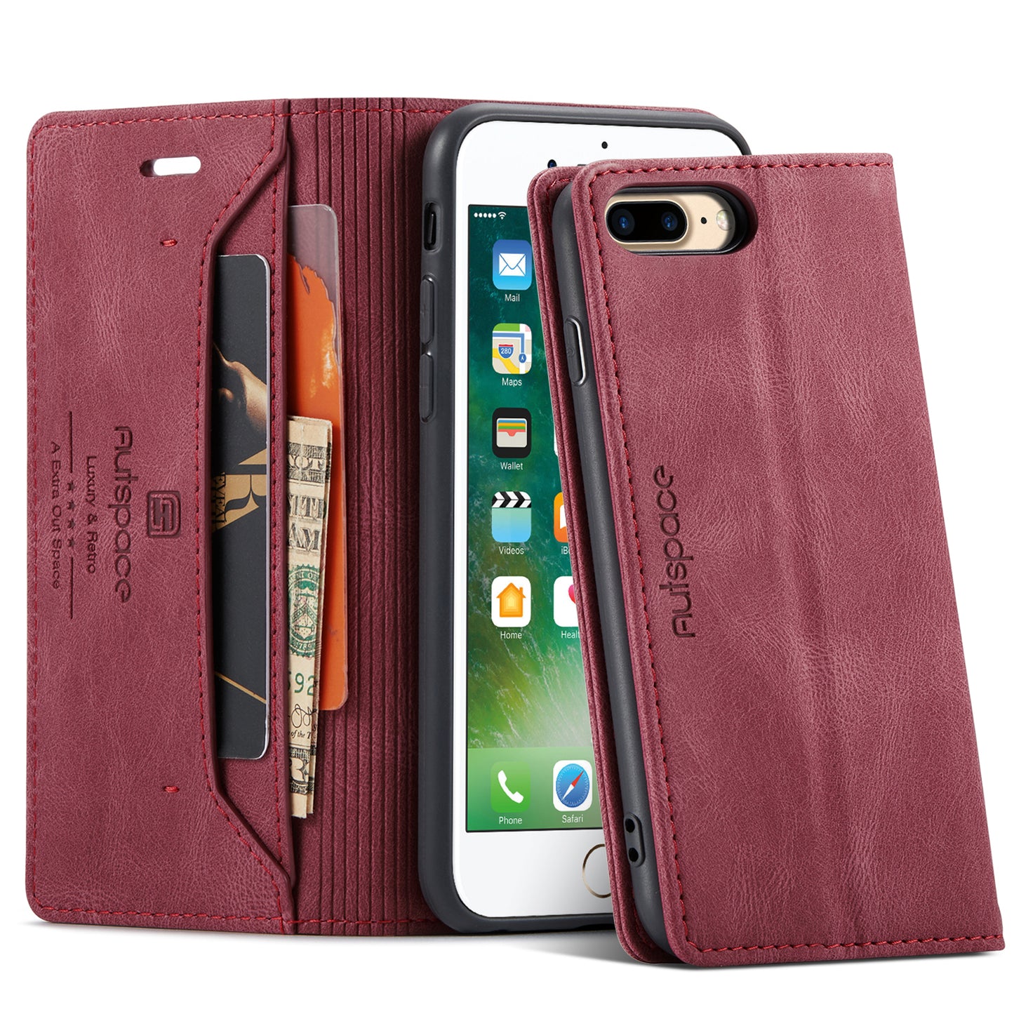 AUTSPACE Retro iPhone 8 Plus Leather Case Magnetic