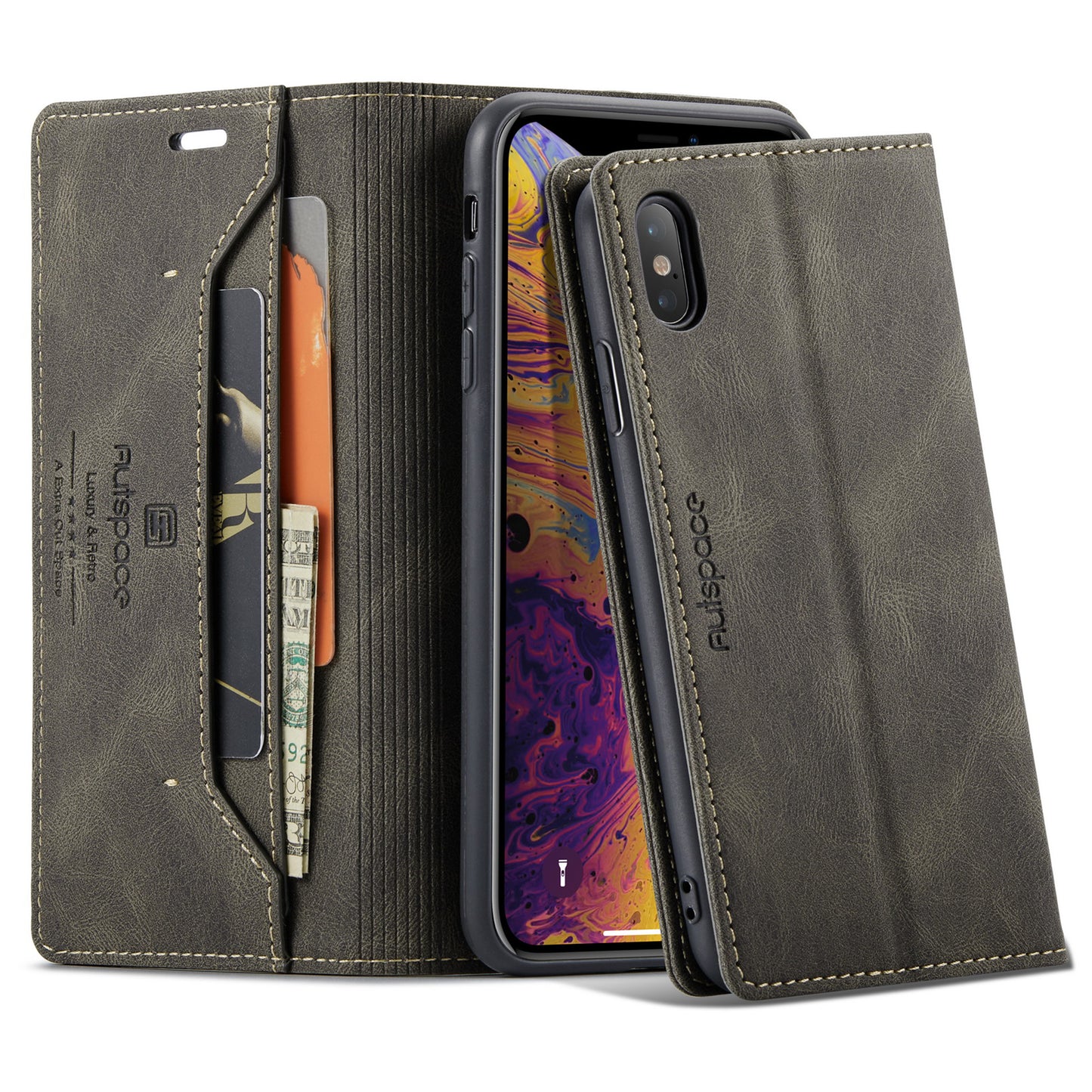 AUTSPACE Retro iPhone Xs Max Leather Case Magnetic