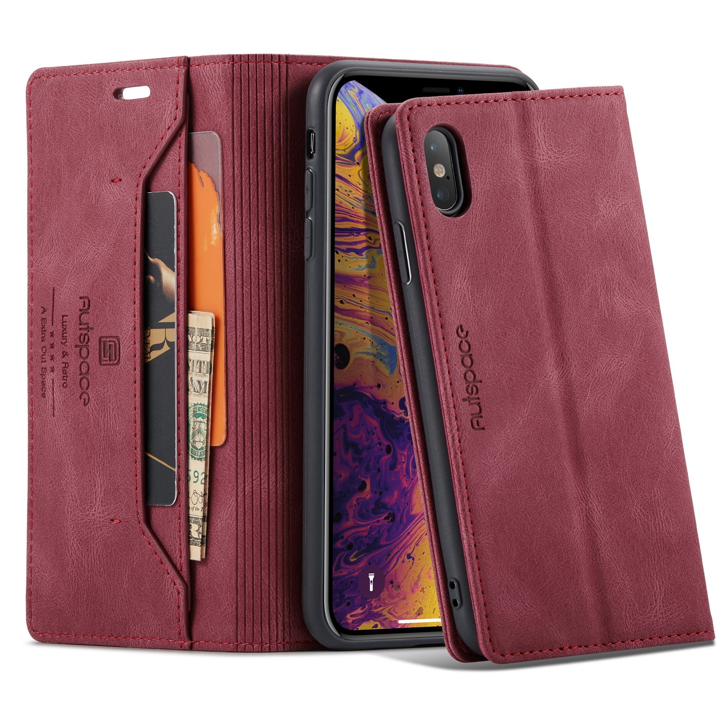 AUTSPACE Retro iPhone Xs Max Leather Case Magnetic