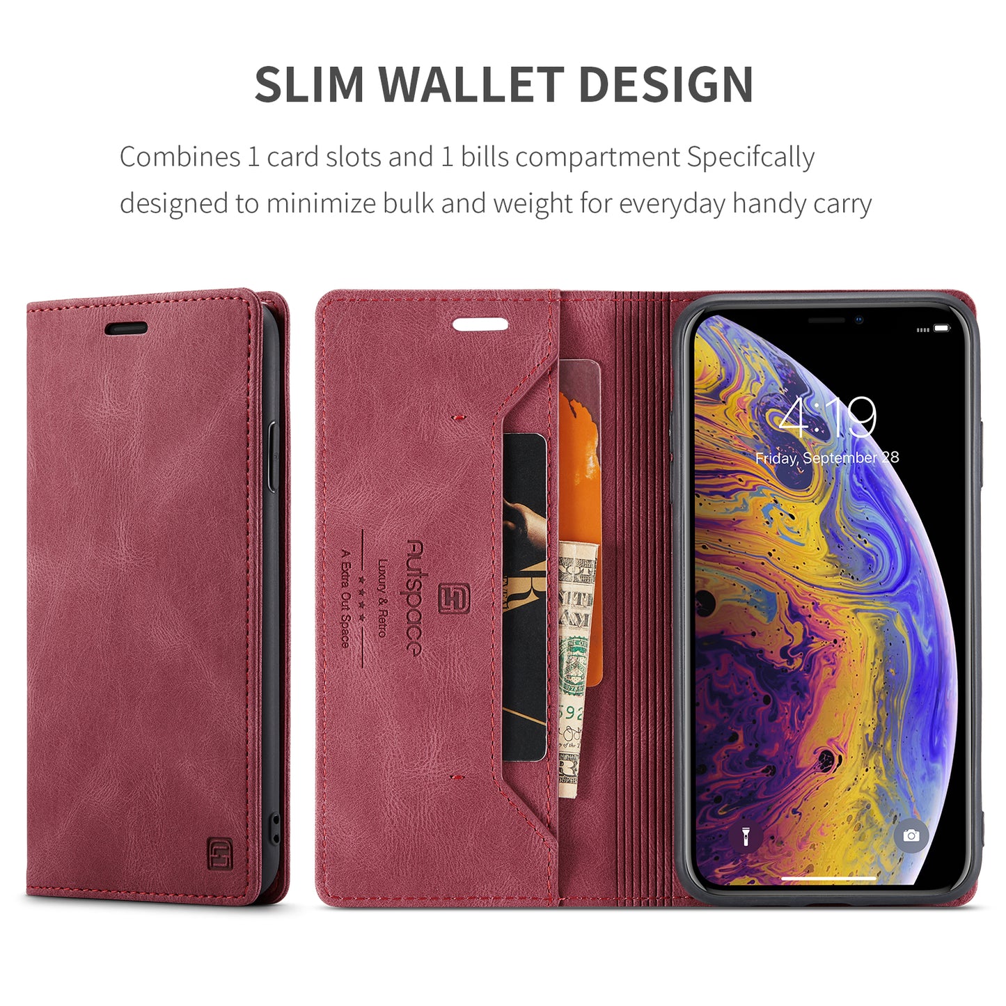 AUTSPACE Retro iPhone Xs Max Leather Case Magnetic