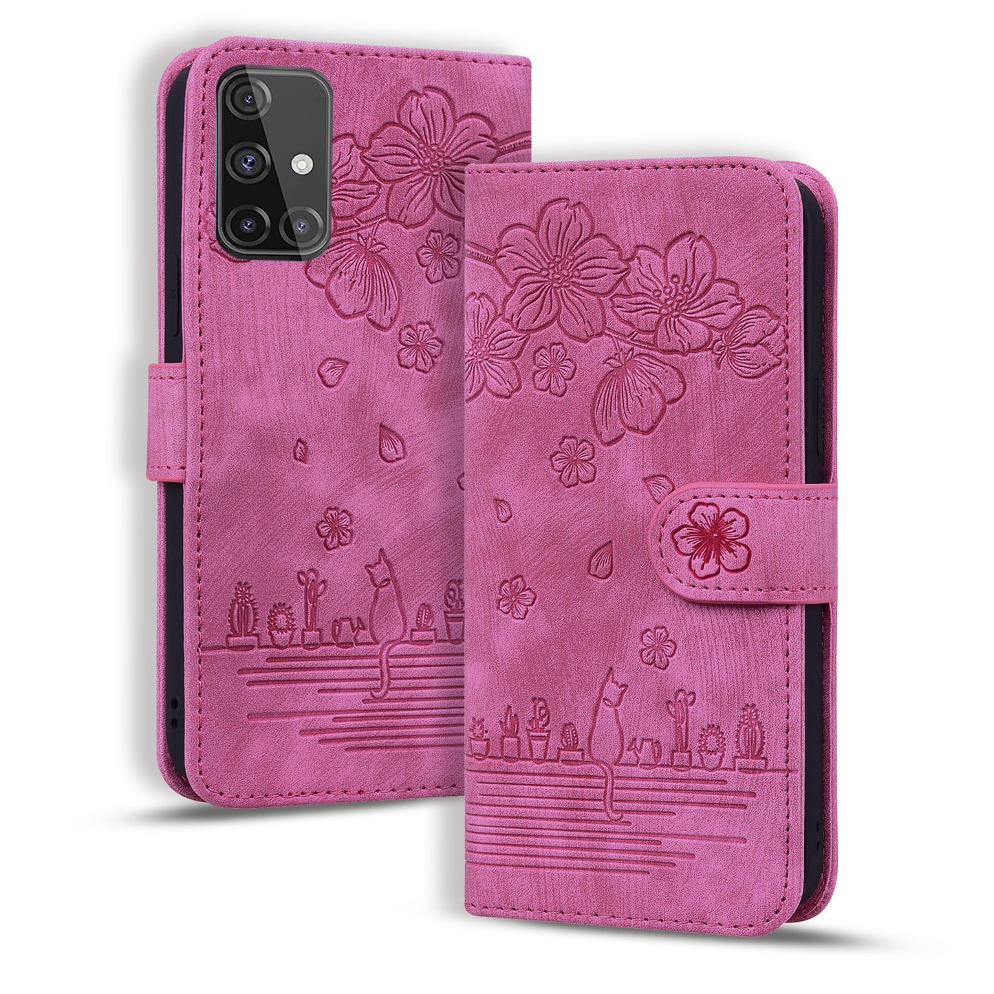 Cat Cherry Blossoms Galaxy A71 Grils Case Retro Leather Embossing Wallet Stand