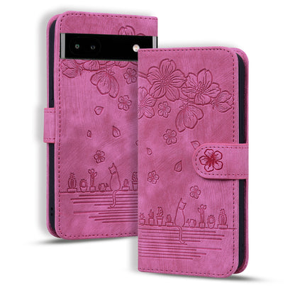 Cat Cherry Blossoms Google Pixel 7A Grils Case Retro Leather Embossing Wallet Stand