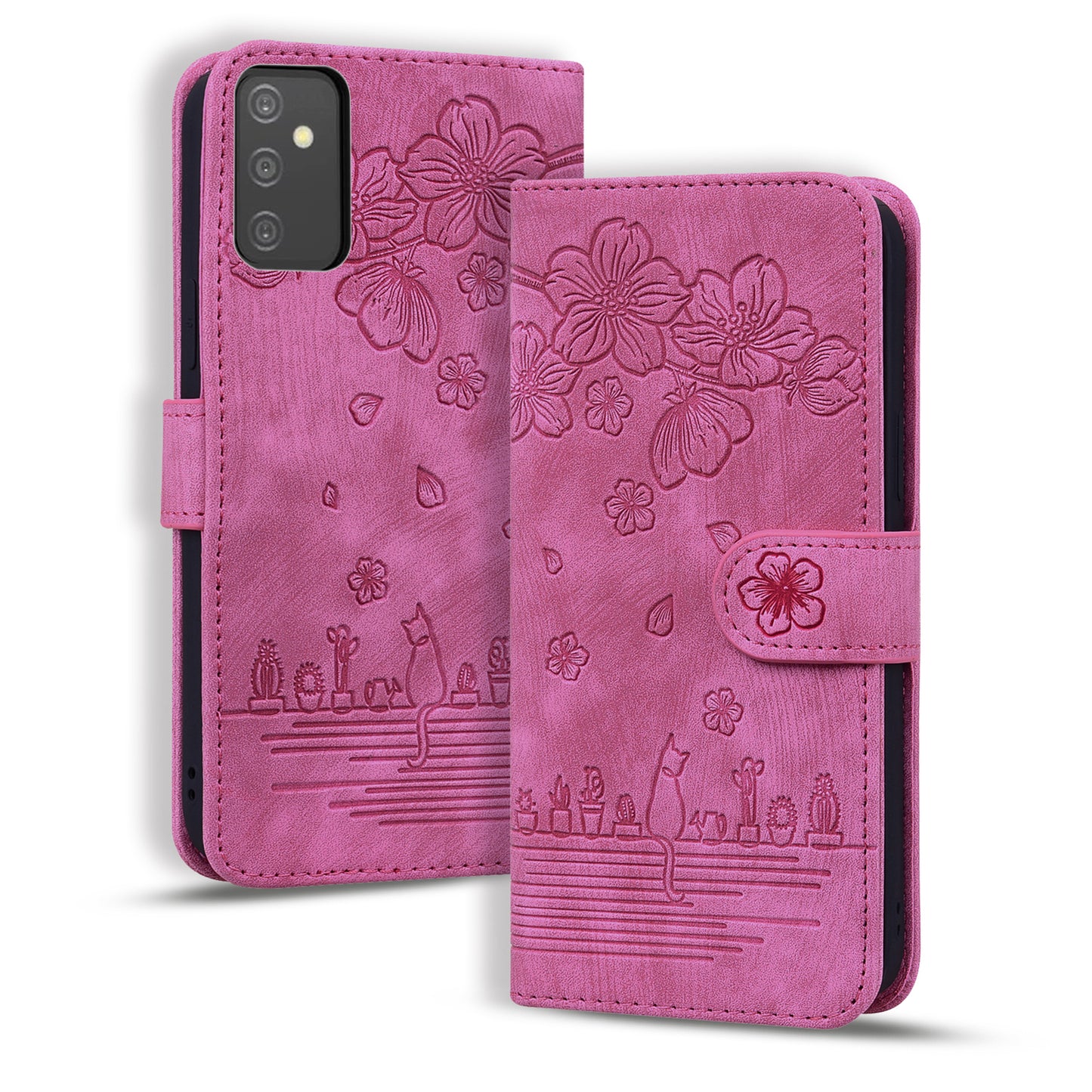 Cat Cherry Blossoms Galaxy A34 Grils Case Retro Leather Embossing Wallet Stand