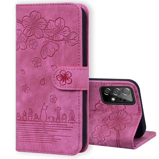 Cat Cherry Blossoms Galaxy A52s Grils Case Retro Leather Embossing Wallet Stand